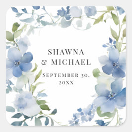 Pegatina Cuadrada Boda acuarela floral azul blanco primavera moderna
