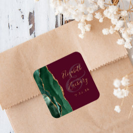 Pegatina Cuadrada Boda ágata esmeralda verde oro burgundy escritura