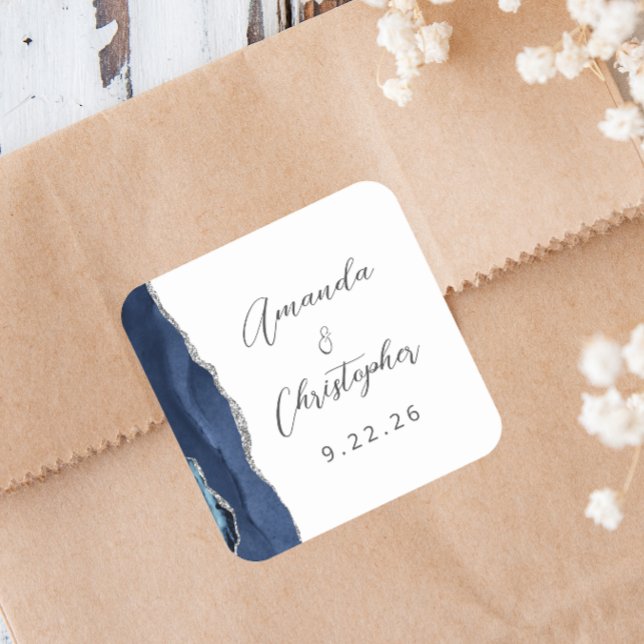 Pegatina Cuadrada Boda Agate Azul Marino Plata Script (Subido por el creador)