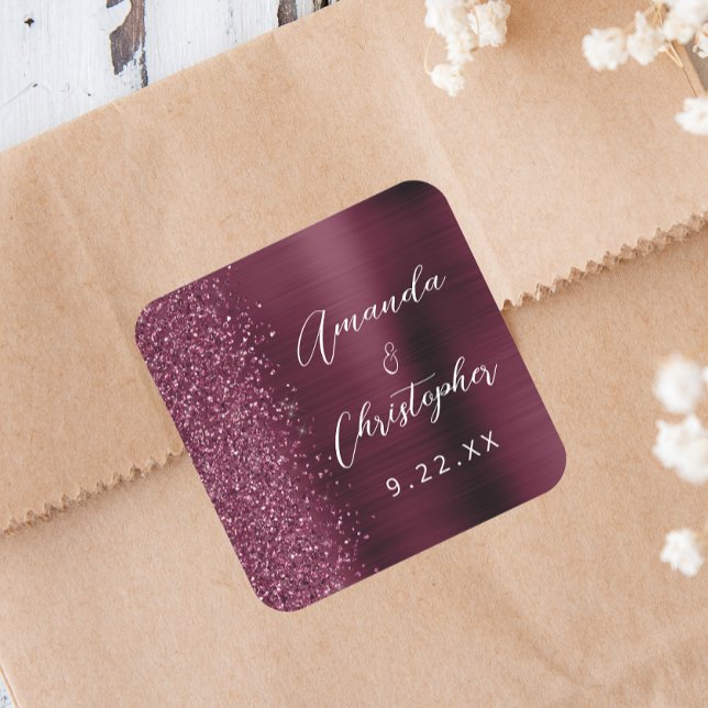 Pegatina Cuadrada Boda Agate Burdeos Glitter Script (Subido por el creador)