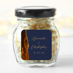 Pegatina Cuadrada Boda Agate Naranja Quemada Oro Azul Marino Escritu