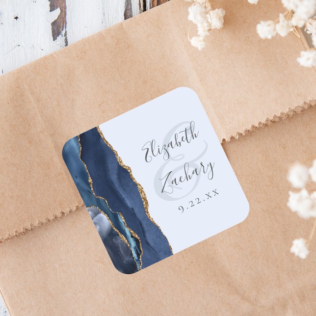 Pegatina Cuadrada Boda Agate Script Azul Marino Azul Pálido Dorado (Subido por el creador)