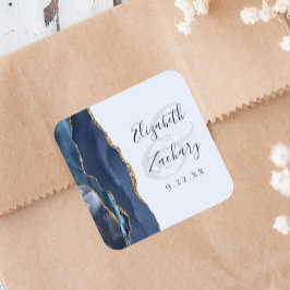 Pegatina Cuadrada Boda Agate Script Azul Marino Azul Pálido Dorado