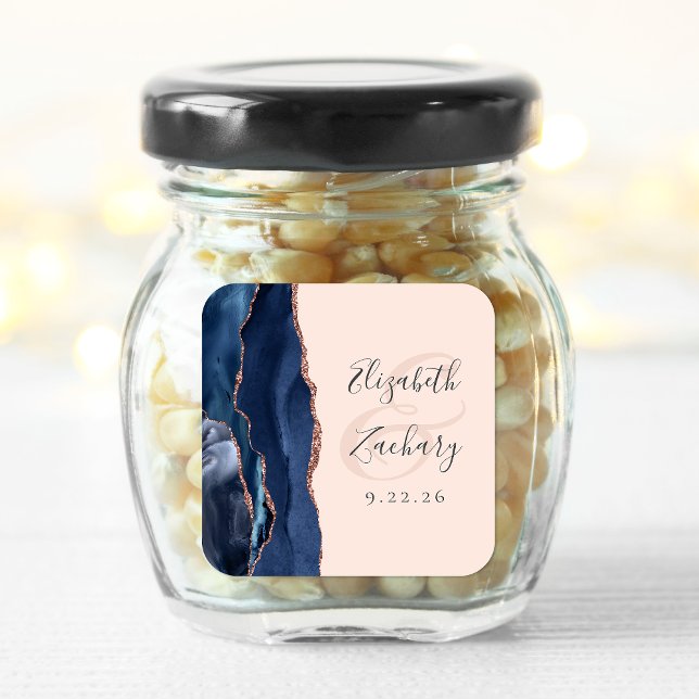 Pegatina Cuadrada Boda Agate Script Azul Marino Rosa Dorado Rubor (Subido por el creador)