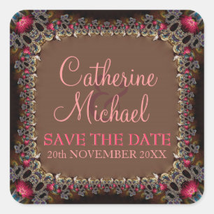 Pegatina Cuadrada Boda alternativa de encaje vintage Guardar la fech