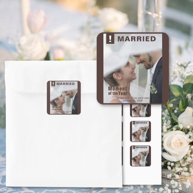 Pegatina Cuadrada Boda Añadir portada de la revista Fun Photo (Wedding Add Photo Fun Magazine Cover Square Stickers)