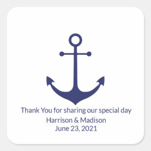 Pegatina Cuadrada Boda ancla náutica favores azul marino