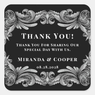 Pegatina Cuadrada Boda Art Decó De Hojas Modernas Gracias