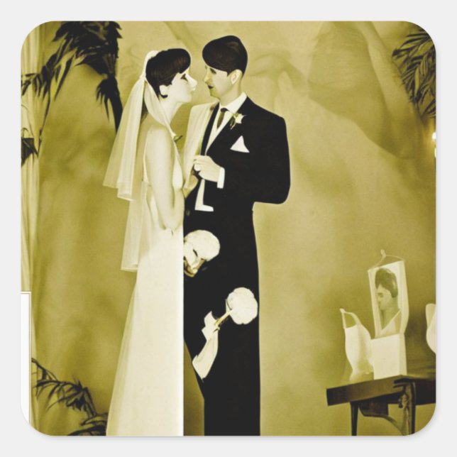 Pegatina Cuadrada Boda Art Deco de Sepia Vintage (Anverso)