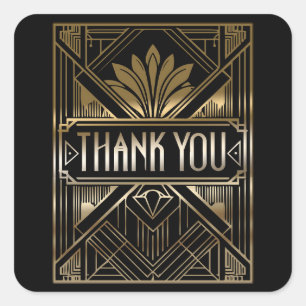 Pegatina Cuadrada Boda Art Déco Glam Negro y Dorado