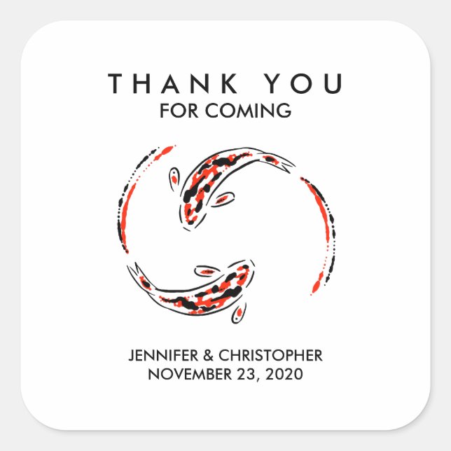 Pegatina Cuadrada Boda artístico japonés negro y rojo de pescado Koi (Anverso)