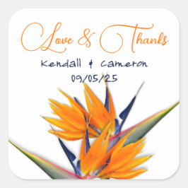 Pegatina Cuadrada Boda Ave de las Flores de Paraíso Gracias