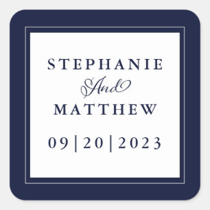 Pegatina Cuadrada Boda Azul Blanco Elegante Caligrafía Chic Marco