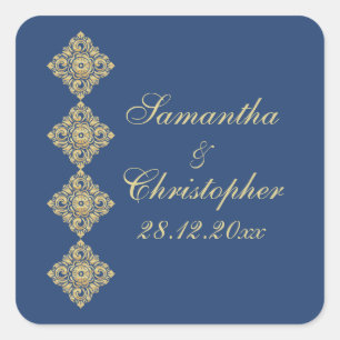 Pegatina Cuadrada Boda azul del diamante dorado Damask