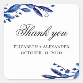 Pegatina Cuadrada Boda azul gracias. acuarela marina floral