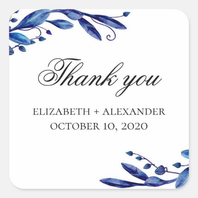 Pegatina Cuadrada Boda azul gracias. acuarela marina floral (Anverso)