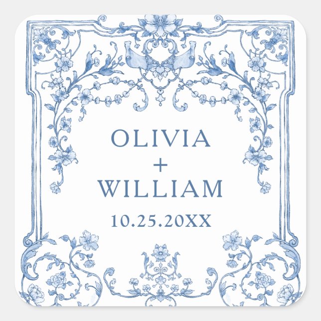 Pegatina Cuadrada Boda azul oxidado y floral de Grace (Anverso)