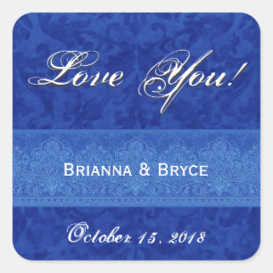 Pegatina Cuadrada Boda Azul Real Bride Groom Damask