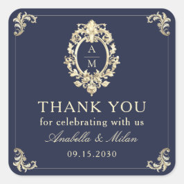 Pegatina Cuadrada Boda barroco azul de la marina gracias