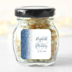 Pegatina Cuadrada Boda Blanca con Borde de Purpurina Azul Moderno