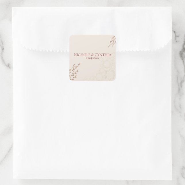 Pegatina Cuadrada Boda Boho Moderno de Terracota Naranja Quemada (Bolso)