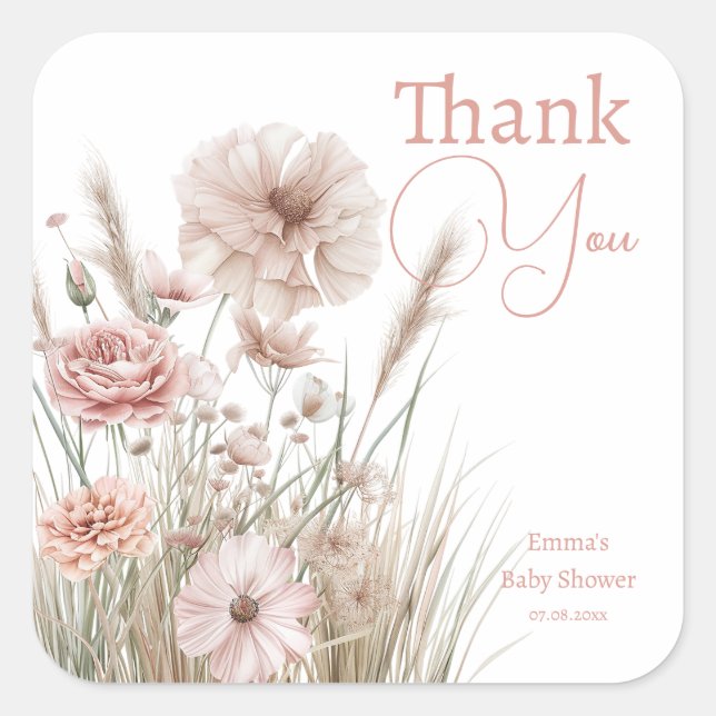 Pegatina Cuadrada Boda Botánica Rosa Claro y Baby Shower (Anverso)