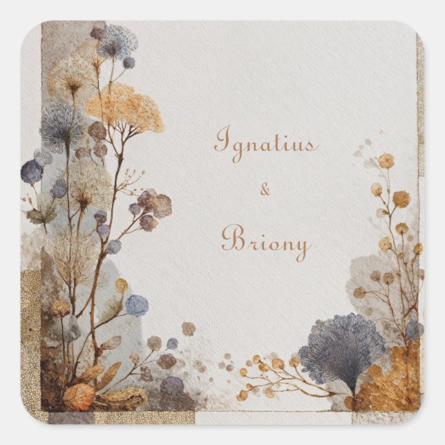 Pegatina Cuadrada Boda botánico de Arte Popular Vintage (Anverso)