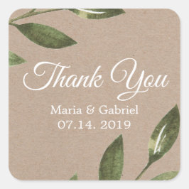 Pegatina Cuadrada Boda botánico de Kraft verde sencillo Gracias