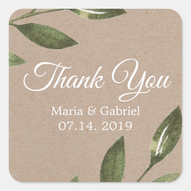 Pegatina Cuadrada Boda botánico de Kraft verde sencillo Gracias (Anverso)