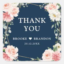 Pegatina Cuadrada Boda botánico geométrico de la marina floral rosa 