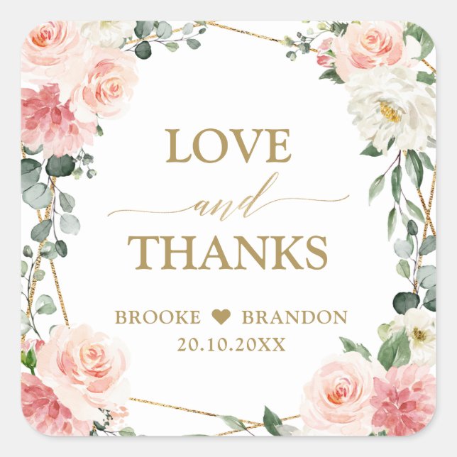 Pegatina Cuadrada Boda botánico geométrico de oro floral rosa Rubor (Anverso)
