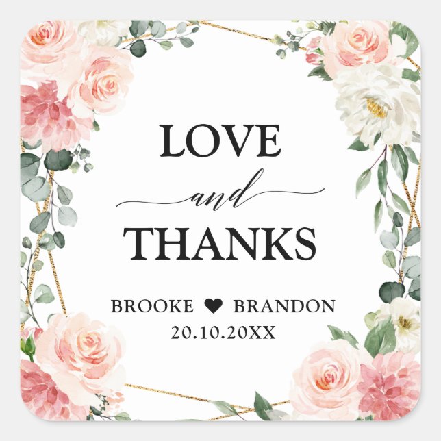 Pegatina Cuadrada Boda botánico geométrico de oro floral rosa Rubor (Anverso)