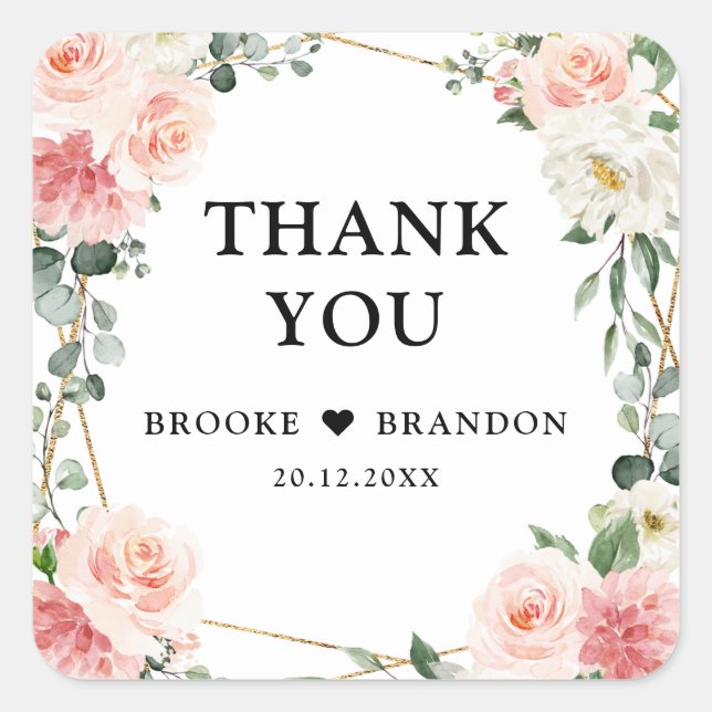 Pegatina Cuadrada Boda botánico geométrico de oro floral rosa Rubor (Anverso)