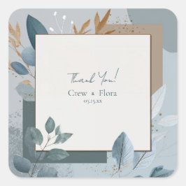 Pegatina Cuadrada Boda Botánico Geométrico Moderno Azul y Oro