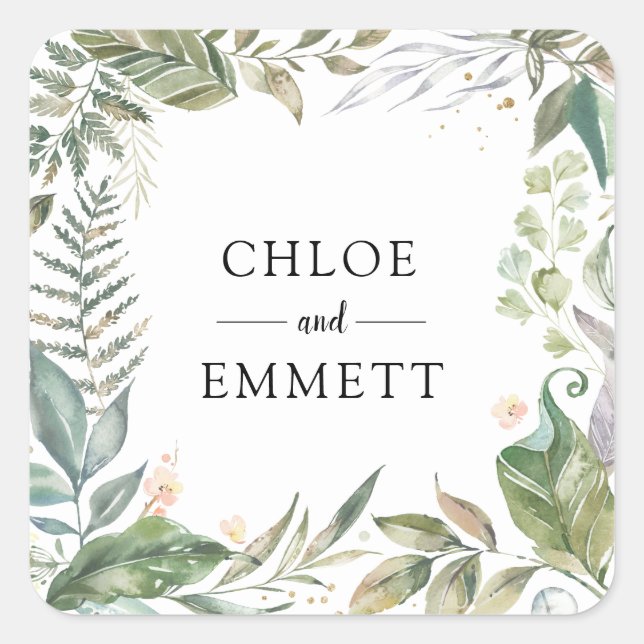 Pegatina Cuadrada Boda botánico rosa blanco verde sabio (Anverso)