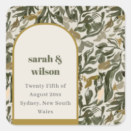 Pegatina Cuadrada Boda Botánico Verde Rústico Boho Retro Arch