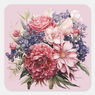 Pegatina Cuadrada Boda Bouquet Borgoña Púrpura Rosa