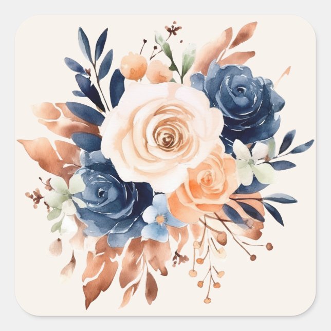Pegatina Cuadrada Boda Bouquet Navy Peach Copper (Anverso)