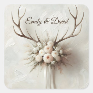 Pegatina Cuadrada Boda Bouquet y Deer Antlers