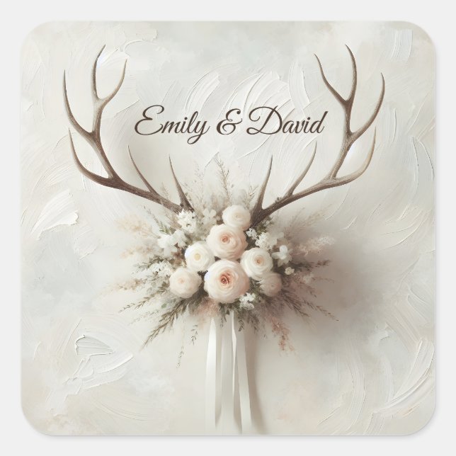 Pegatina Cuadrada Boda Bouquet y Deer Antlers (Anverso)