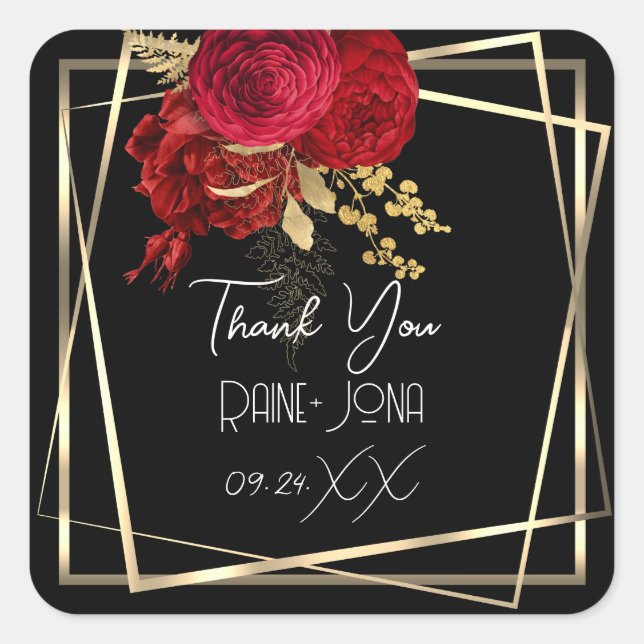 Pegatina Cuadrada Boda Bridal Shower Favor Red Floral Negro (Anverso)