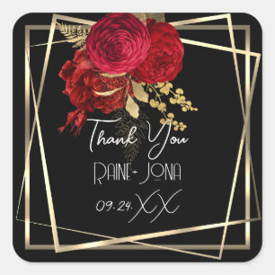 Pegatina Cuadrada Boda Bridal Shower Favor Rojo Floral Blanco Negro