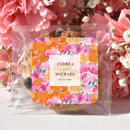 Pegatina Cuadrada Boda brillante floral rosa y Naranja claro