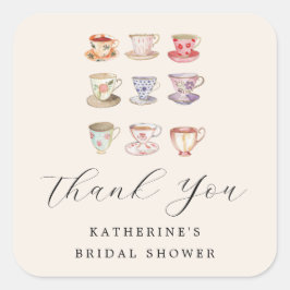Pegatina Cuadrada Boda Brunch Bridal Shower Tea Cups Chinoiserie