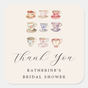 Pegatina Cuadrada Boda Brunch Bridal Shower Tea Cups Chinoiserie