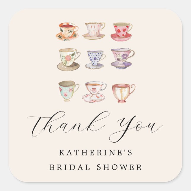 Pegatina Cuadrada Boda Brunch Bridal Shower Tea Cups Chinoiserie (Anverso)