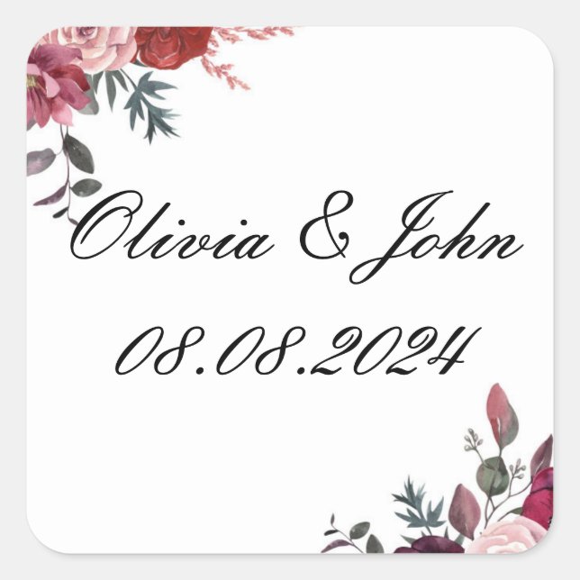 Pegatina Cuadrada boda burgundy floral (Anverso)