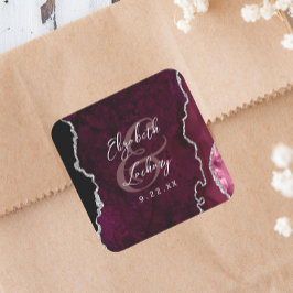 Pegatina Cuadrada Boda Burgundy Plata Agata Escritura