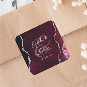Pegatina Cuadrada Boda Burgundy Plata Agata Escritura