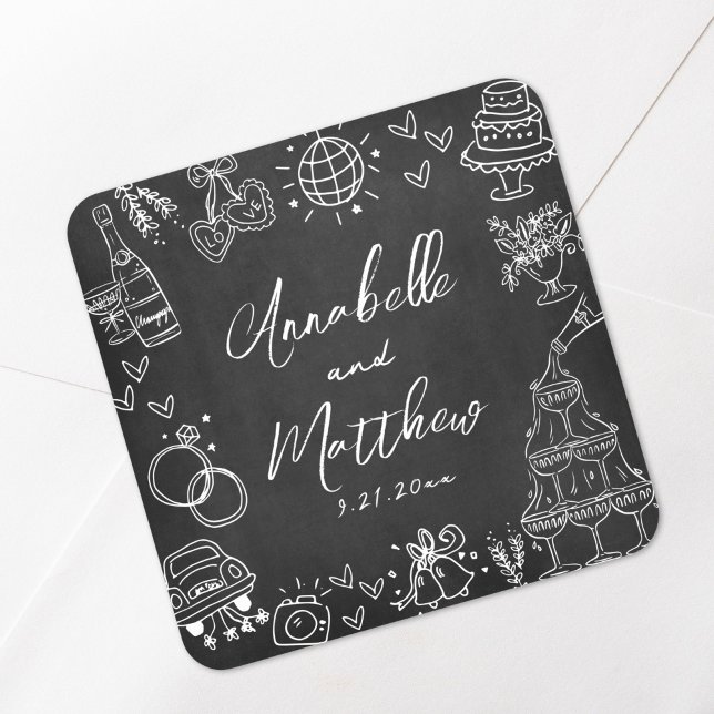 Pegatina Cuadrada Boda capataz de cartón de mano (Hand Drawn Chalkboard Whimsical Wedding Square Sticker)